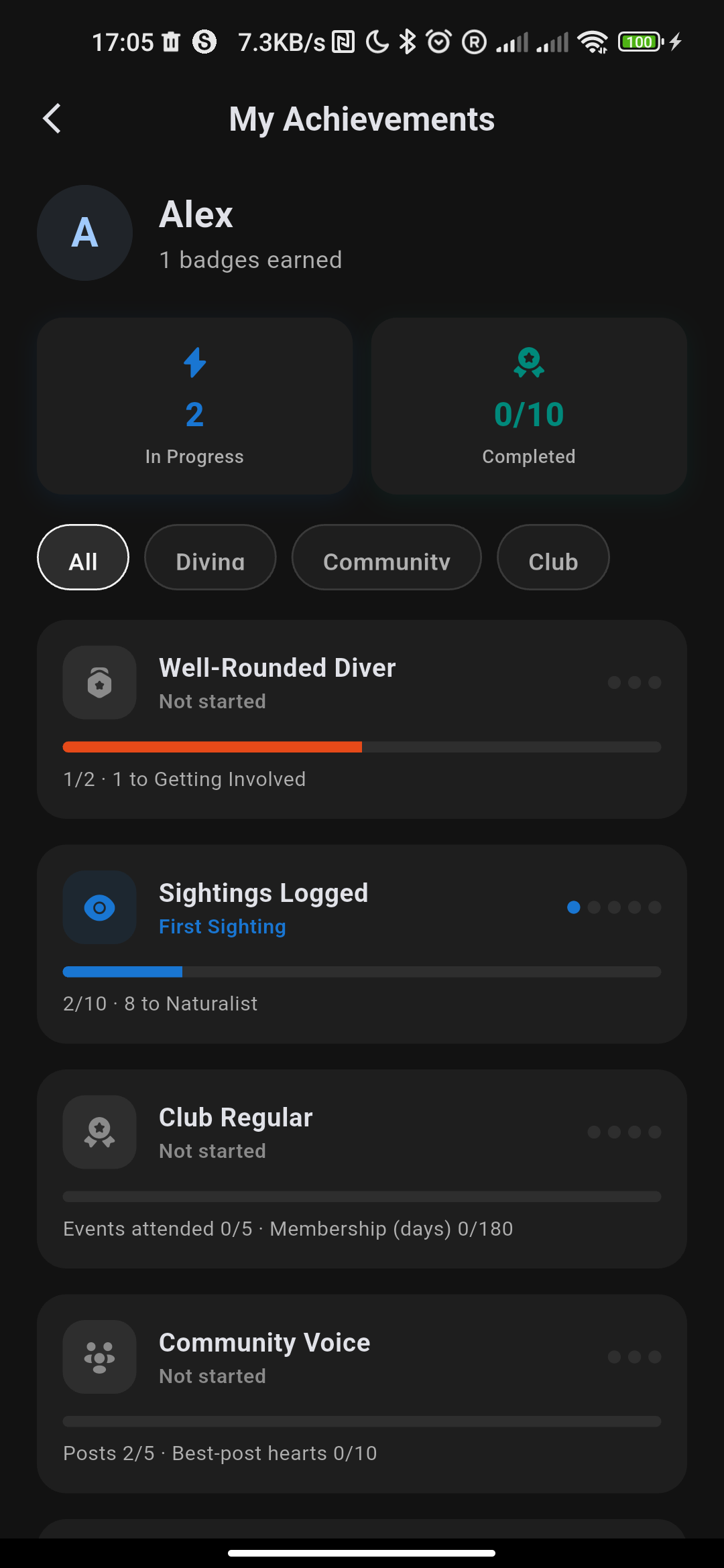 DiveVerse achievements and leaderboard screen